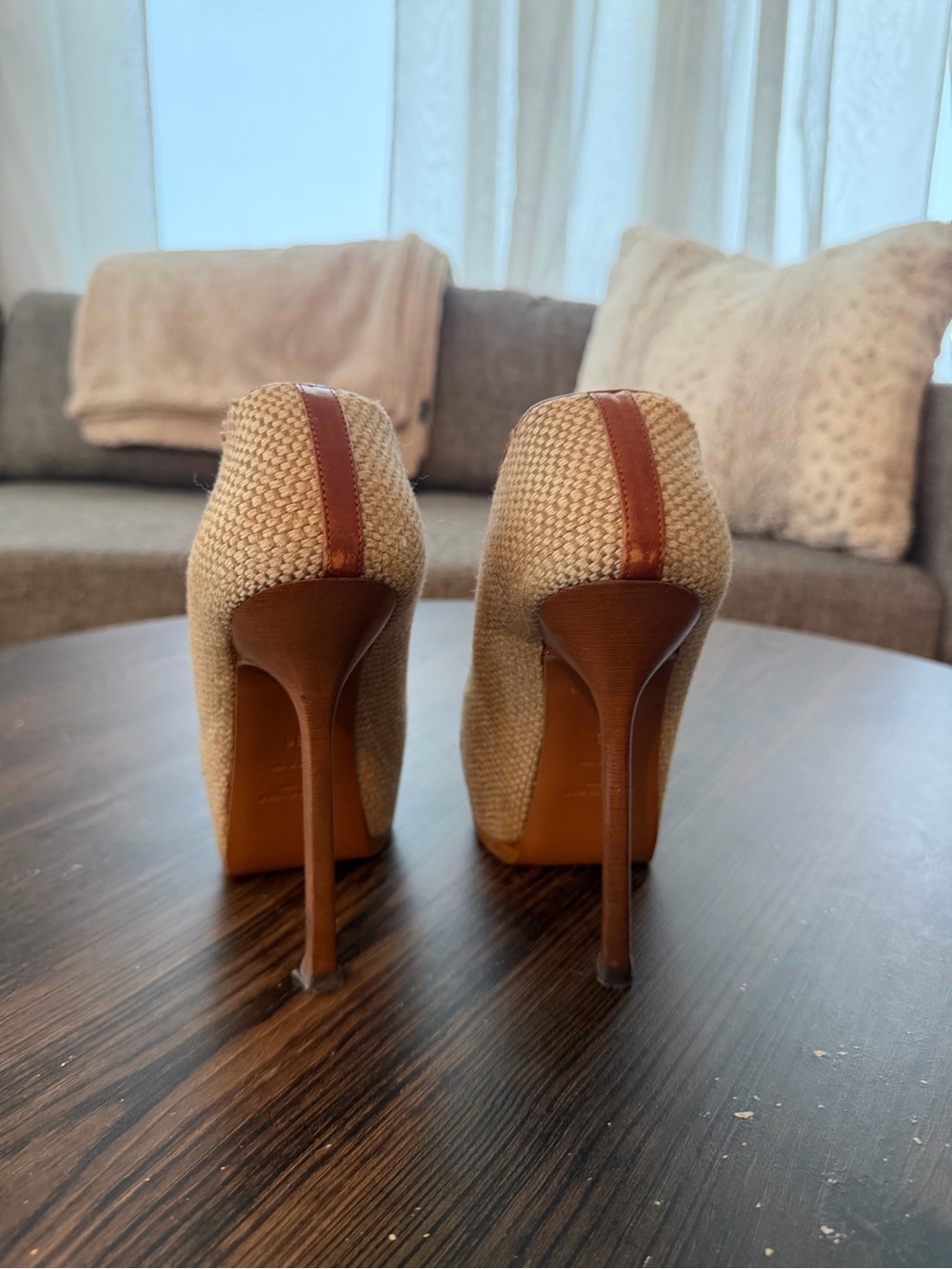 Saint Laurent Beige Woven and Brown Leather Platform Pumps - Picture 5 of 5